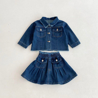 長袖セットアップ Denim Blue / 12M  80CM キッズセットアップ 2点セット デニム長袖シャツ+ポケットアクセントデニムスカート【mh0006981】