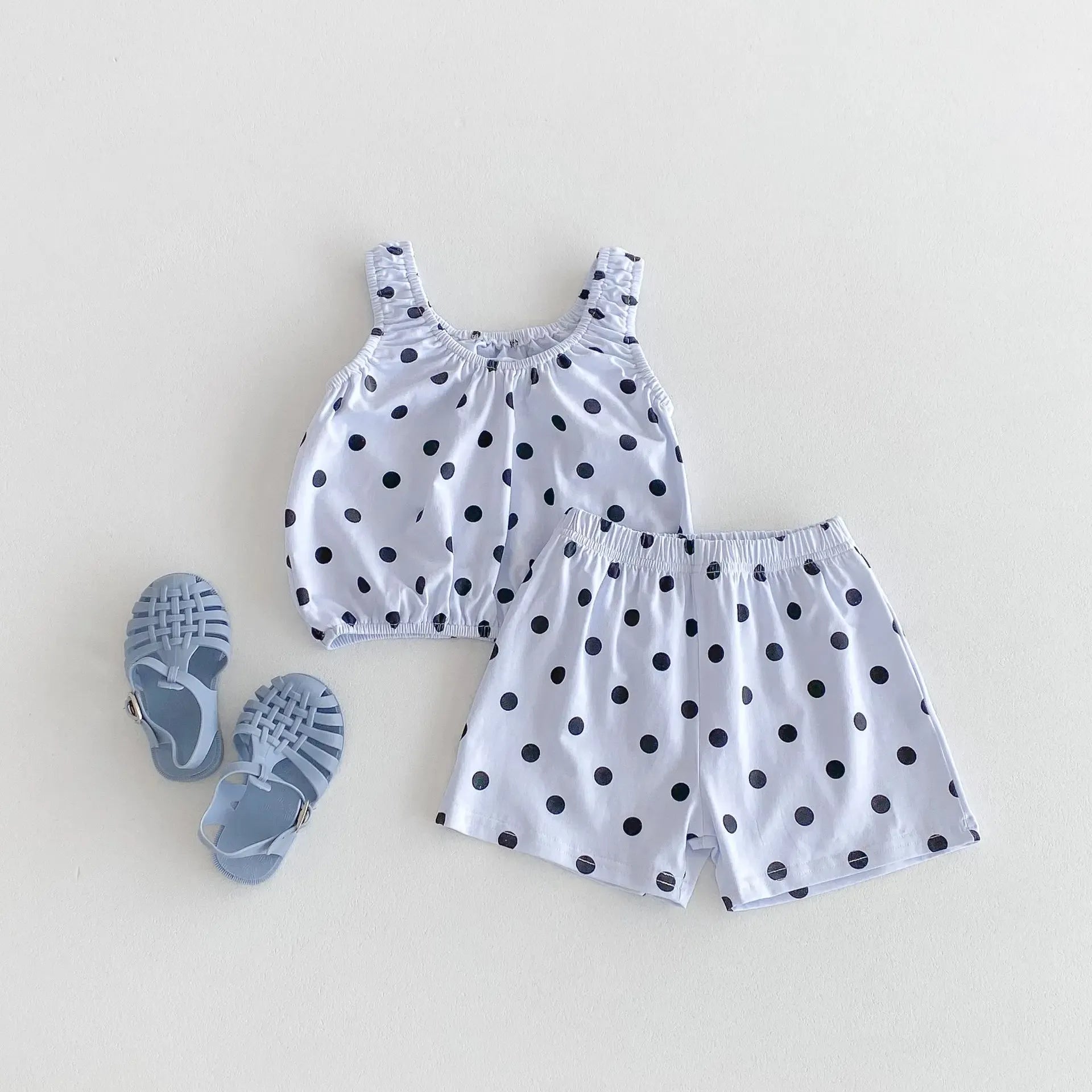 ノースリーブセットアップ Dot / 80cm 9-12M キッズセットアップ 2点セット キャミソールトップス+ショートパンツ カラフルハート/水玉ドットプリント【mh0005389】