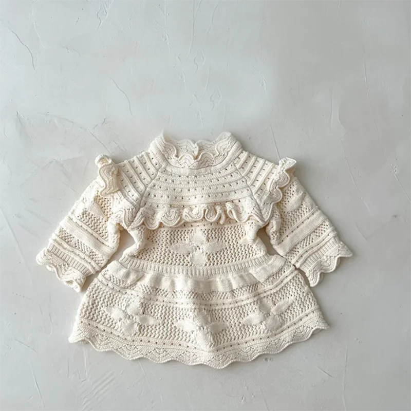 長袖ワンピース Dress / 66cm ベビーワンピース トップス ロンパース レース刺繍ニット フリル 長袖ワンピース 長袖セーター ノースリーブロンパース お出かけ 3スタイル【mh0003646】