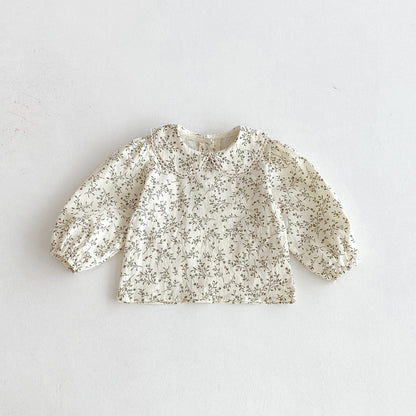 長袖セットアップ Floral / 80cm フラワープリント丸襟長袖ブラウス/刺繍レースエッジノースリーブジャンパースカート【mh0010671】