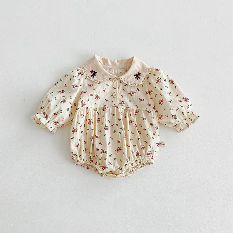 長袖ロンパース floral bodysuit / 3-6M 66cm ベビーロンパース/トップス 長袖 フラワー小花柄プリント刺繍【mh0006459】