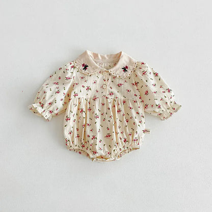 長袖ロンパース floral bodysuit / 3-6M 66cm ベビーロンパース/トップス 長袖 フラワー小花柄プリント刺繍【mh0006459】