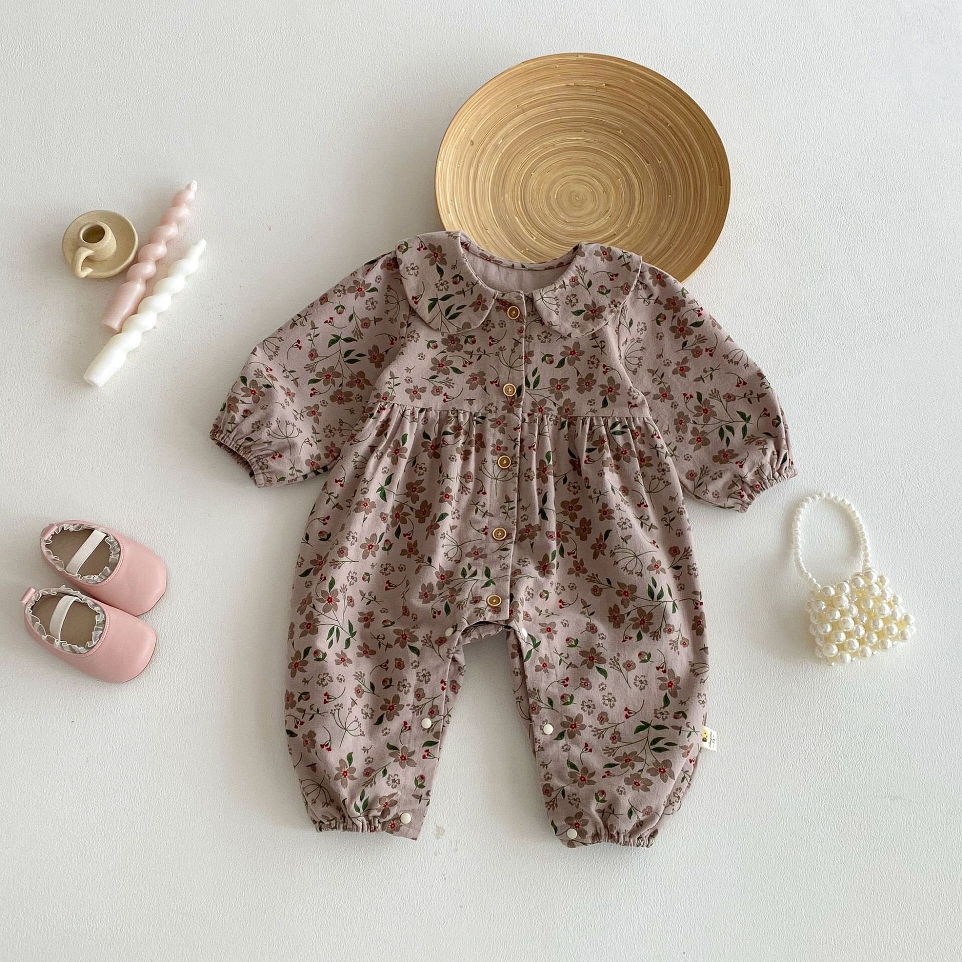 長袖ロンパース Floral Doll Collar Crawler Jumpsuit 花柄 襟付き ロンパース【mh0012087】