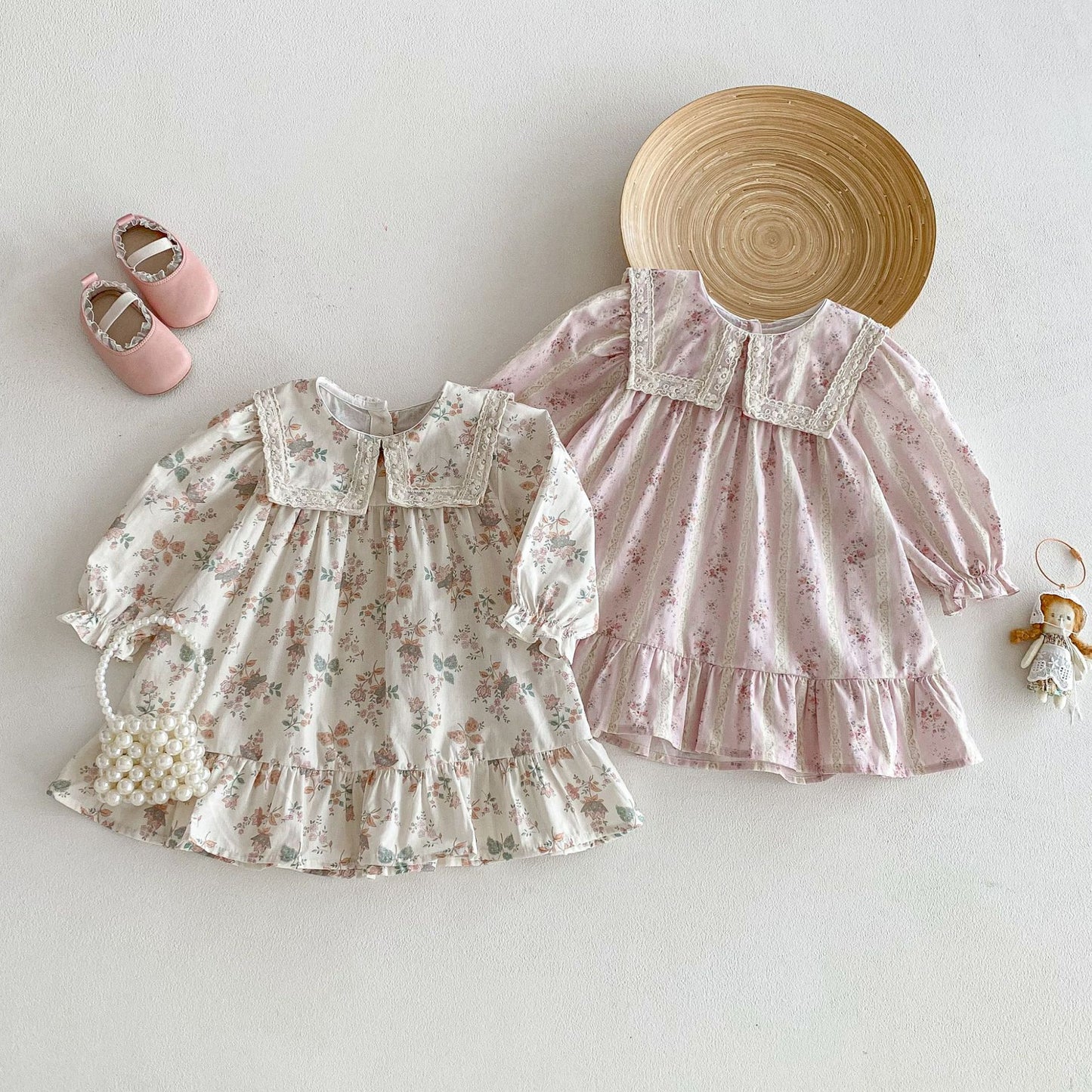 長袖ワンピース Floral Lapel Print Princess Dress 襟付き 花柄 プリント ワンピース【mh0011963】