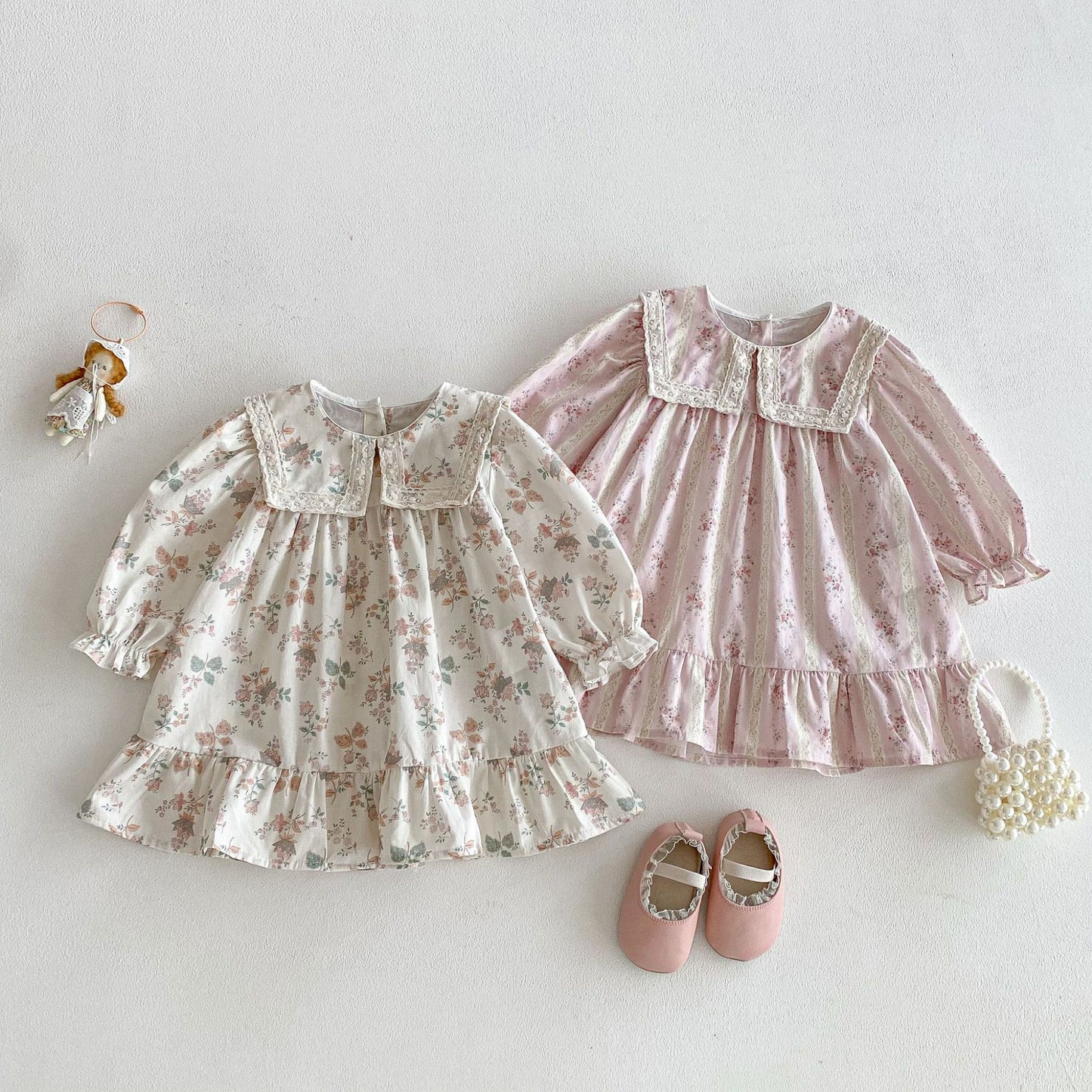 長袖ワンピース Floral Lapel Print Princess Dress 襟付き 花柄 プリント ワンピース【mh0011963】