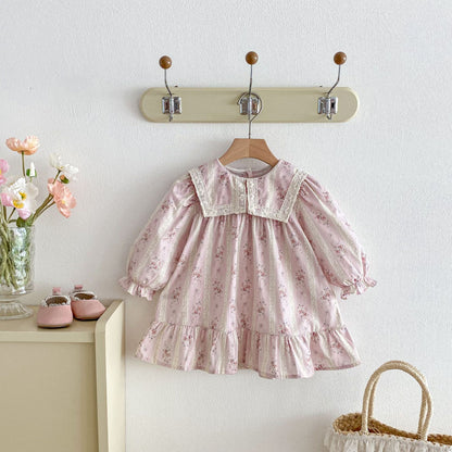 長袖ワンピース Floral Lapel Print Princess Dress 襟付き 花柄 プリント ワンピース【mh0011963】