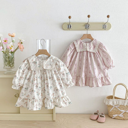 長袖ワンピース Floral Lapel Print Princess Dress 襟付き 花柄 プリント ワンピース【mh0011963】