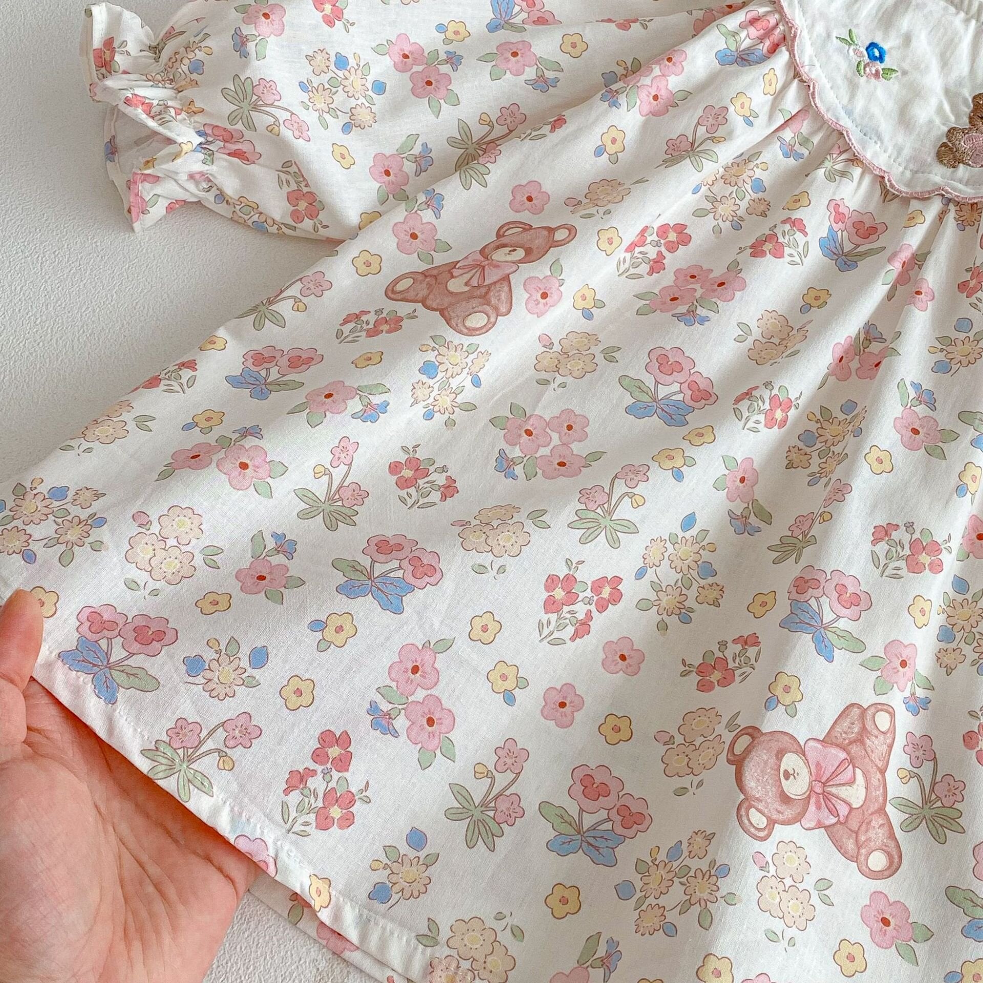 長袖ワンピース Flower Bear Embroidery Dress 花柄 刺繍 クマ ワンピース【mh0012095】