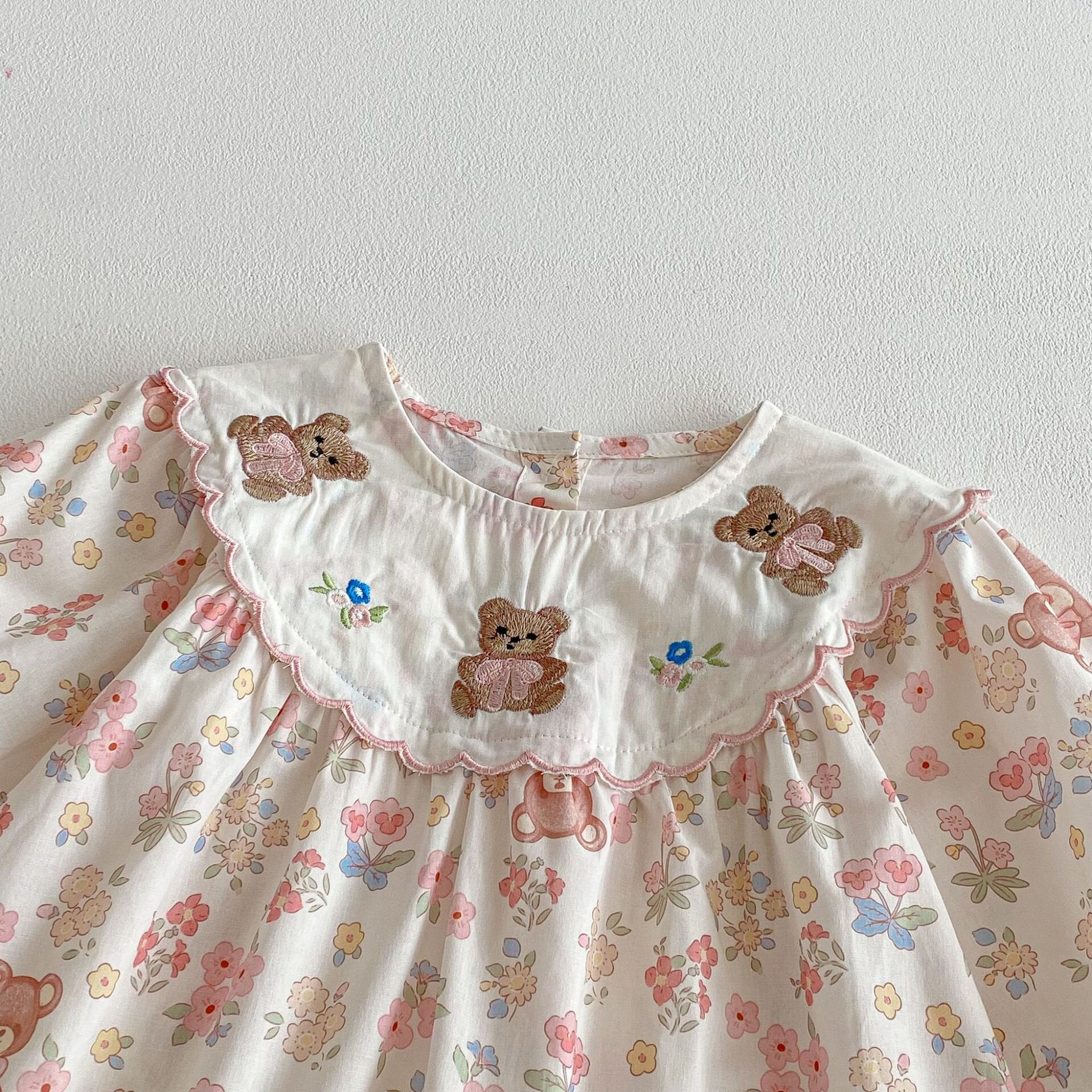長袖ワンピース Flower Bear Embroidery Dress 花柄 刺繍 クマ ワンピース【mh0012095】