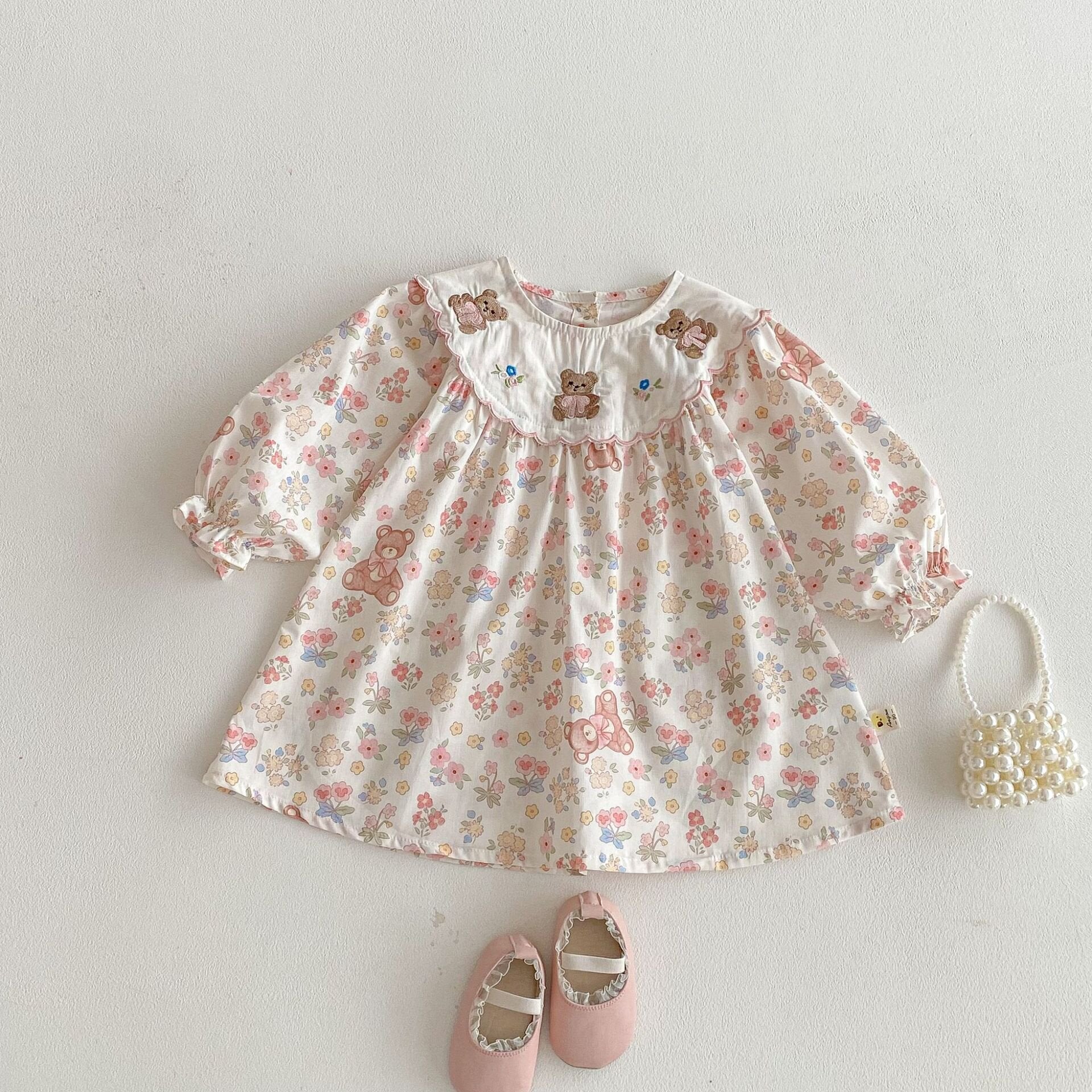 長袖ワンピース Flower Bear Embroidery Dress 花柄 刺繍 クマ ワンピース【mh0012095】