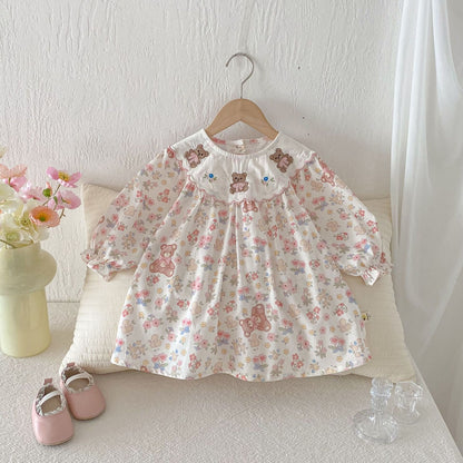 長袖ワンピース Flower Bear Embroidery Dress 花柄 刺繍 クマ ワンピース【mh0012095】