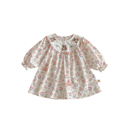 長袖ワンピース Flower Bear Embroidery Dress 花柄 刺繍 クマ ワンピース【mh0012095】
