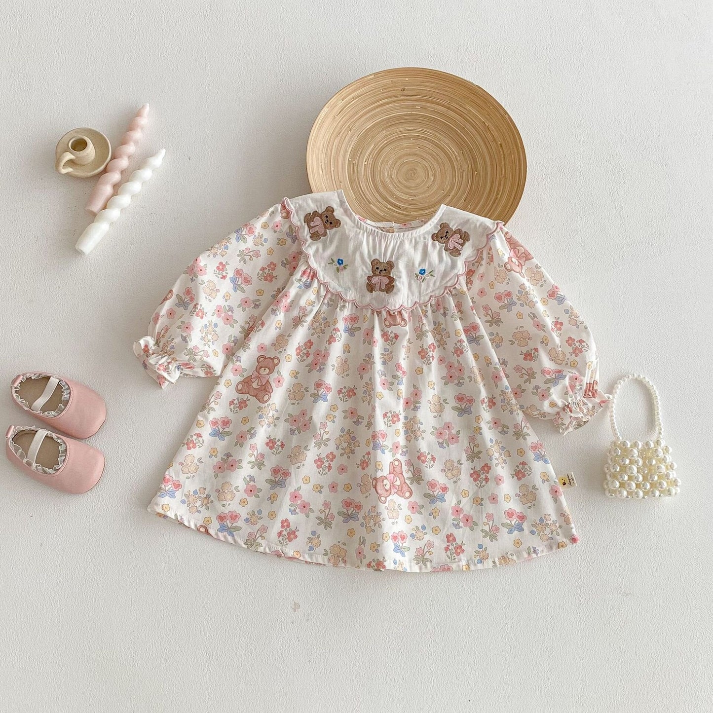 長袖ワンピース Flower Bear Embroidery Dress 花柄 刺繍 クマ ワンピース【mh0012095】