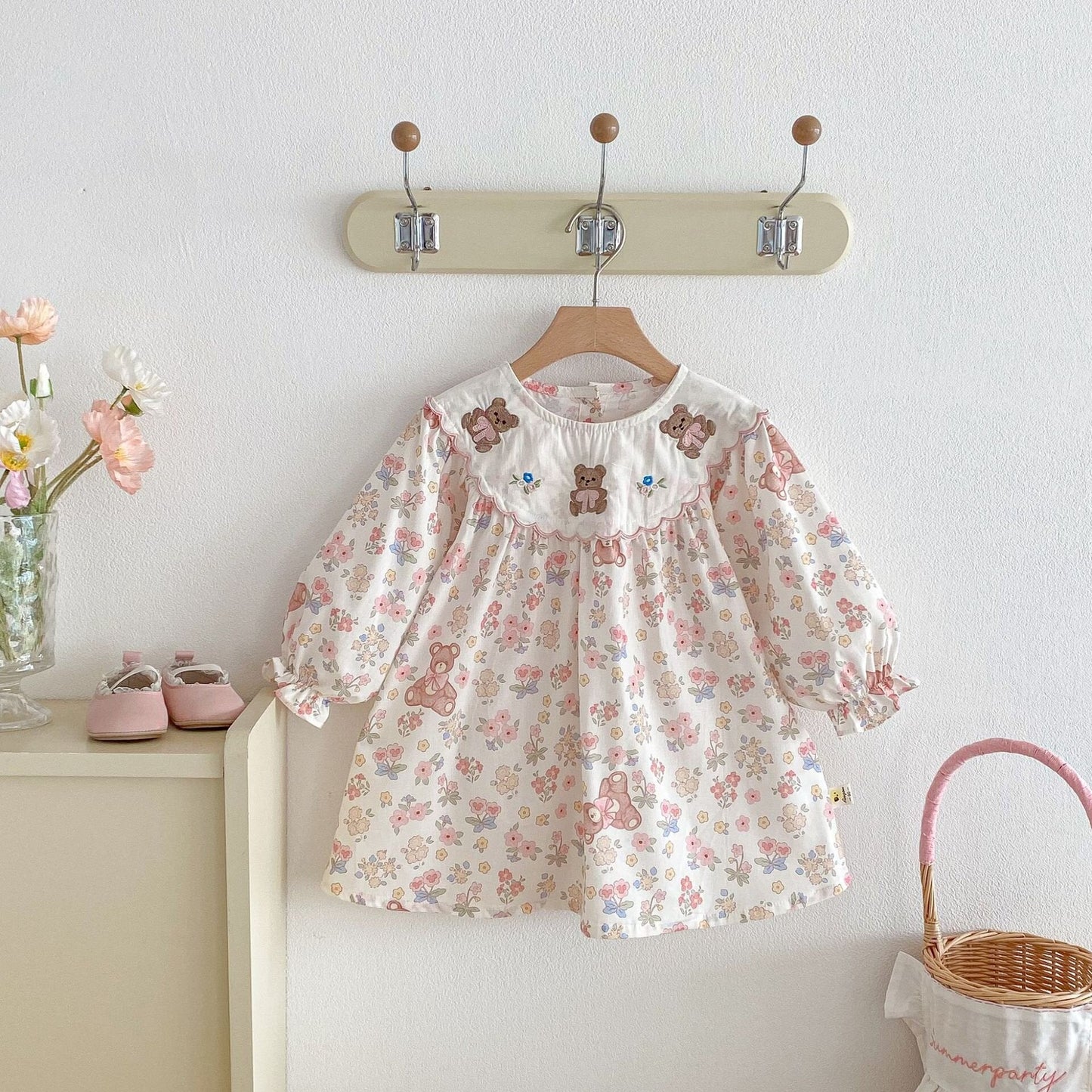 長袖ワンピース Flower Bear Embroidery Dress 花柄 刺繍 クマ ワンピース【mh0012095】