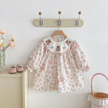 長袖ワンピース Flower Bear Embroidery Dress 花柄 刺繍 クマ ワンピース【mh0012095】