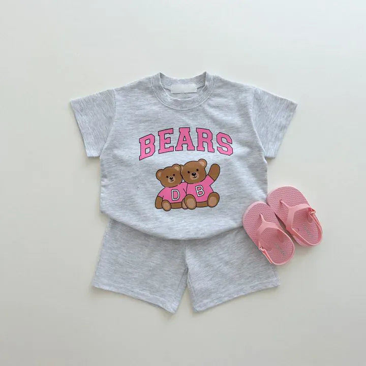 半袖セットアップ Gray / 12M  80CM キッズセットアップ 2点セット 半袖Tシャツ+ショートパンツ レターロゴベアくまプリント 3カラー【mh0005575】
