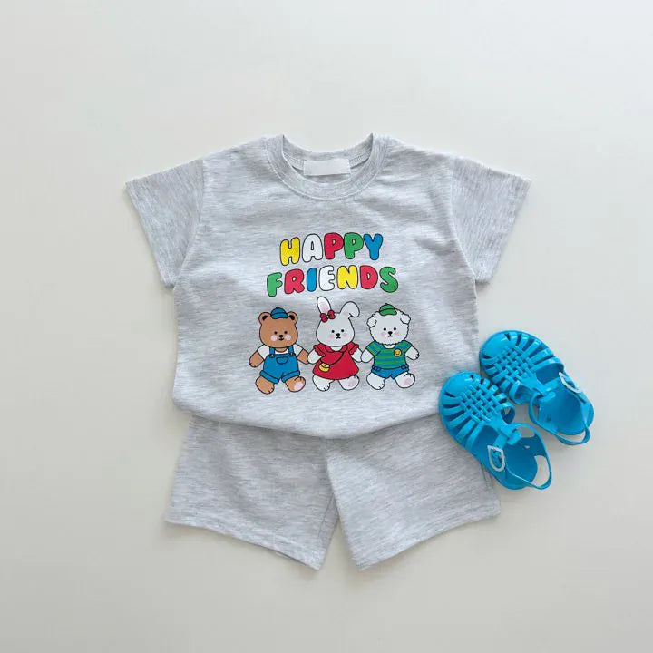 半袖セットアップ Gray / 12M  80CM ベビーセットアップ 2点セット 半袖プリントTシャツ+ショートパンツ くまうさぎ 3カラー【mh0006307】