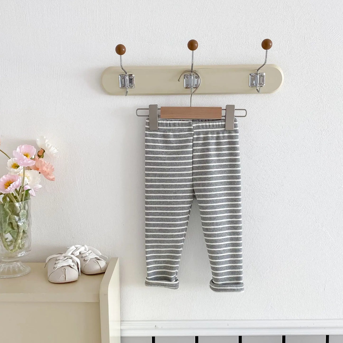 レギンスパンツ Gray / 12M  80CM キッズパンツ ボーダー柄裏フリース厚手シンプルレギンスパンツ【mh0008090】