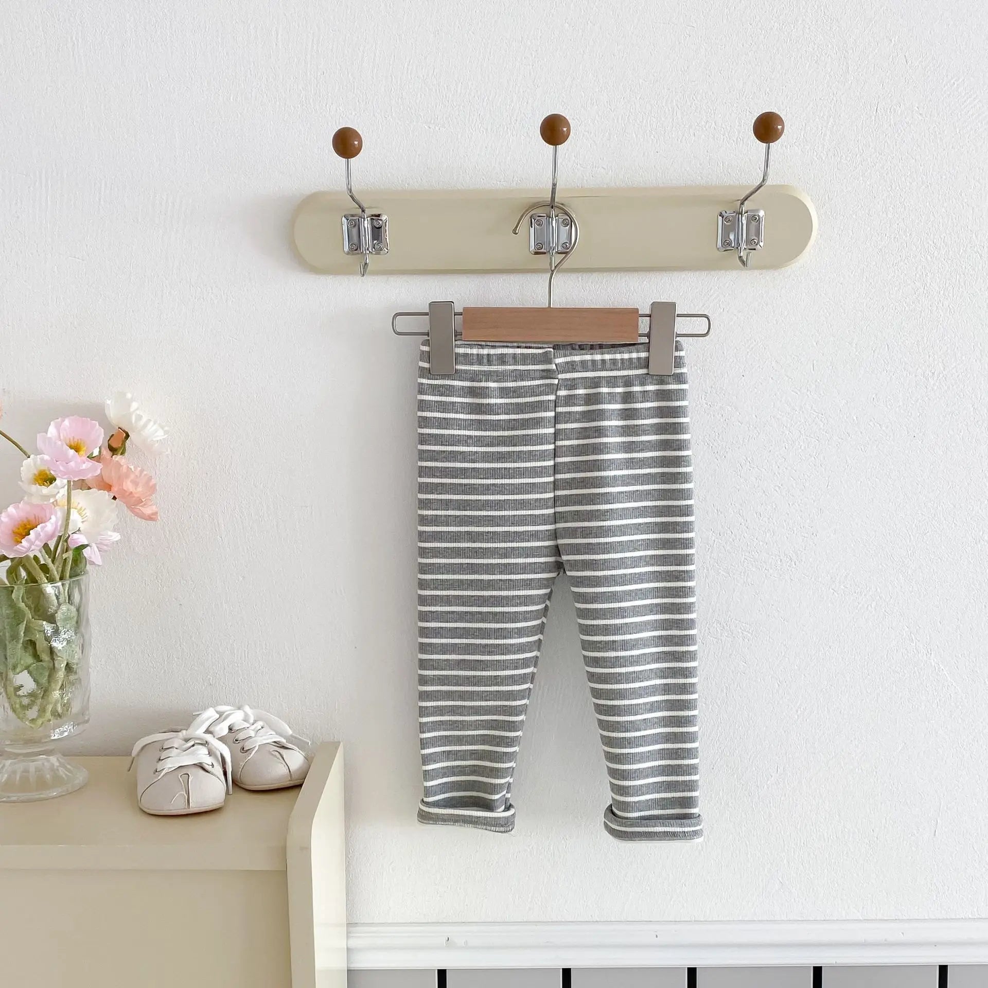 レギンスパンツ Gray / 12M  80CM キッズパンツ ボーダー柄裏フリース厚手シンプルレギンスパンツ【mh0008090】