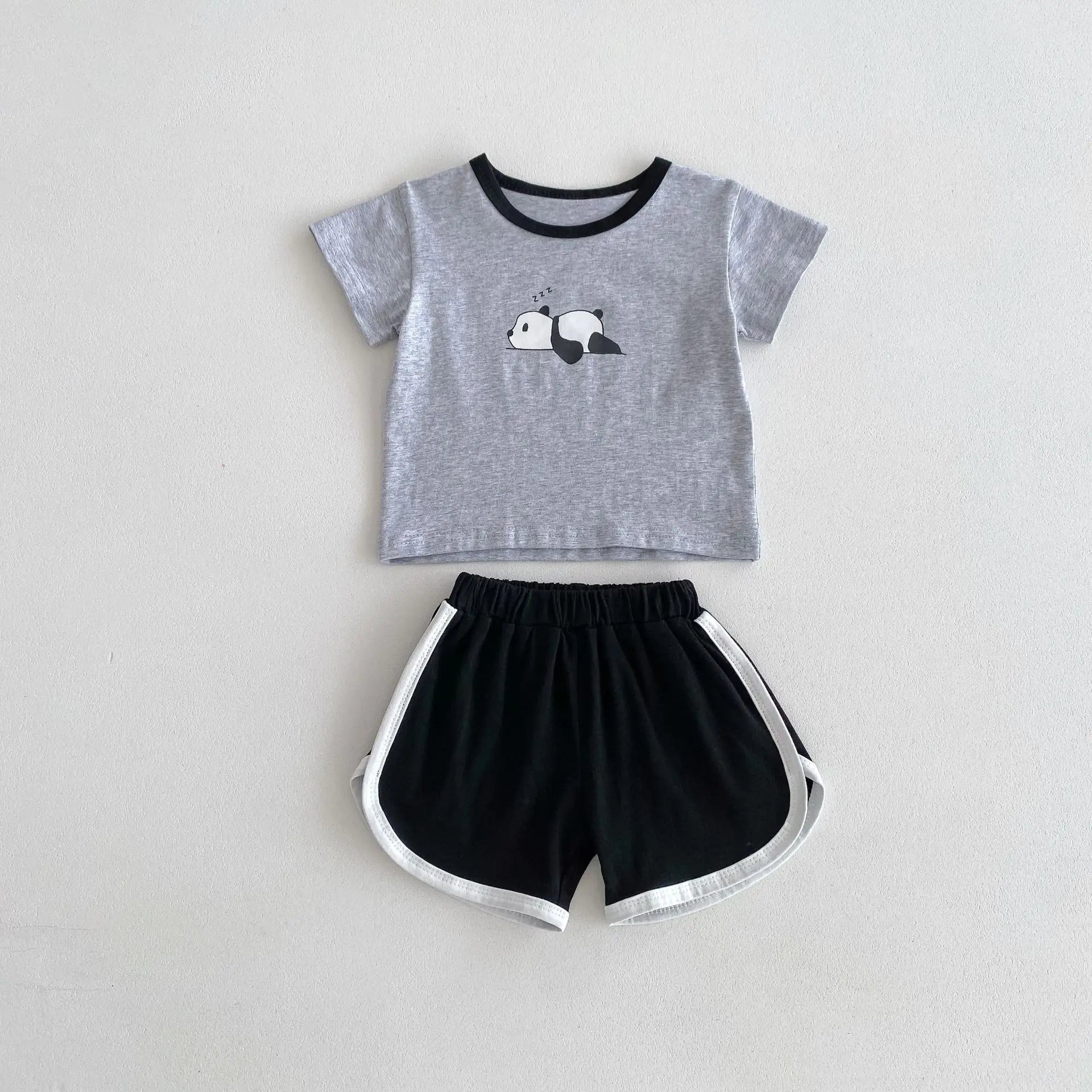 半袖セットアップ Gray / 66cm 0-6m ベビーセットアップ 2点セット 半袖Tシャツ+ショートパンツ パンダあひるキリンプリント 3カラー【mh0005408】