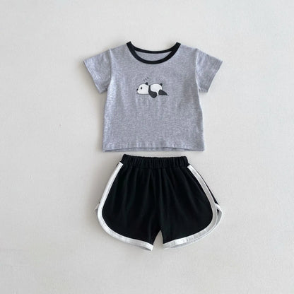 半袖セットアップ Gray / 66cm 0-6m ベビーセットアップ 2点セット 半袖Tシャツ+ショートパンツ パンダあひるキリンプリント 3カラー【mh0005408】