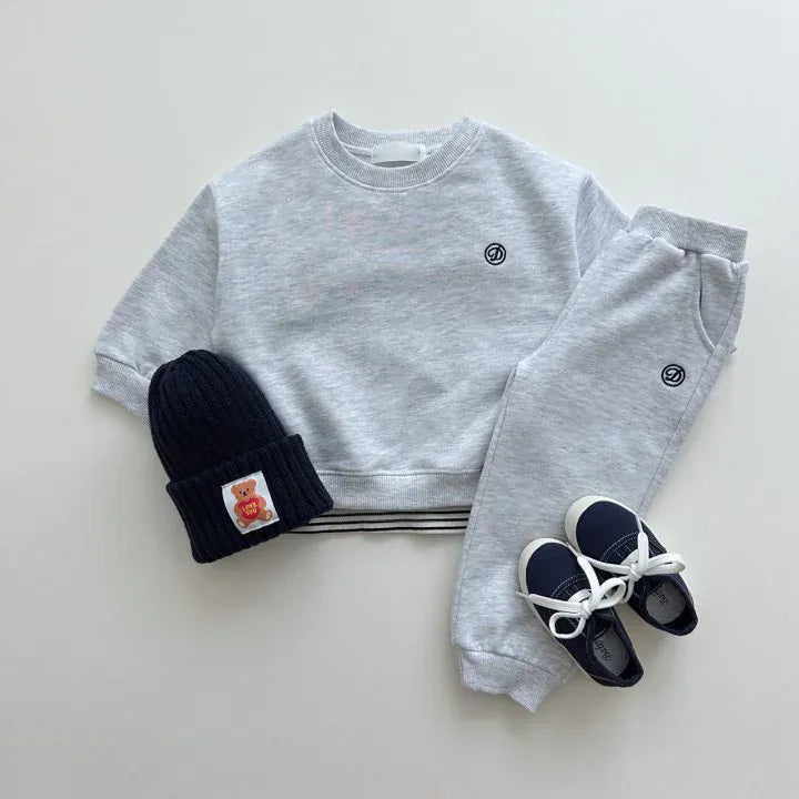 長袖セットアップ Gray / 80cm 9-12M キッズセットアップ 2点セット 刺繍ワンポイント長袖スウェットトレーナー+ロングスウェットパンツ 4カラー【mh0007474】