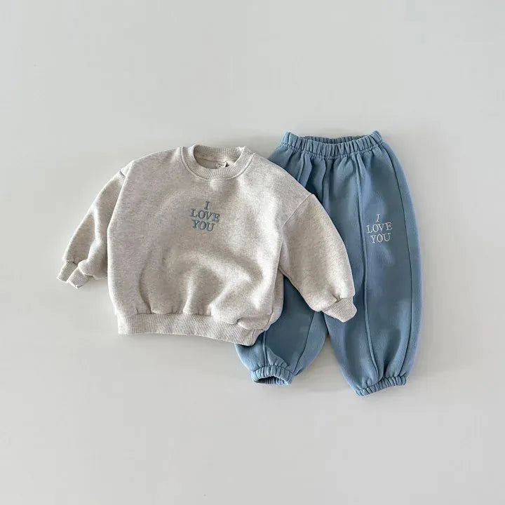 長袖セットアップ gray blue / 12M  80CM キッズセットアップ 2点セット レターロゴ刺繍裏フリース長袖スウェットシャツ+ロングスウェットパンツ【mh0008303】