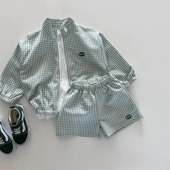 長袖セットアップ Green / 12M  80CM キッズセットアップ 2点セット チェック ジッパージャケット+ショートパンツ ウィンドブレーカー 日除け ワンポイント 3カラー【mh0006179】