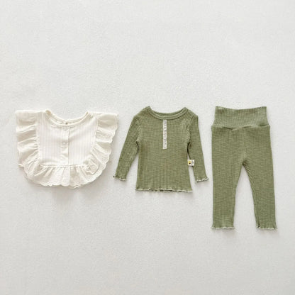 長袖セットアップ Green / 66cm 0-6m ベビーセットアップ 3点セット 長袖Tシャツ+ロングパンツ+フリルビブスタイ 2カラー【mh0007144】