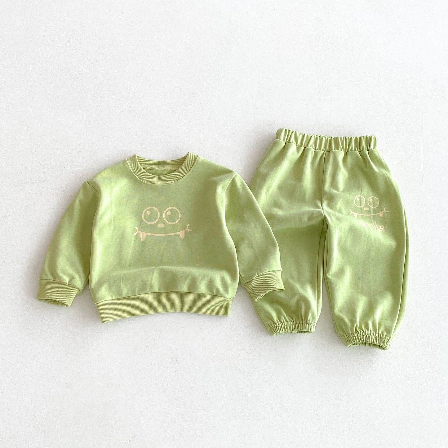 長袖セットアップ Green / 80cm スマイルフェイスプリント長袖スウェットシャツ+ロングスウェットパンツセットアップ 2点セット【mh0010676】