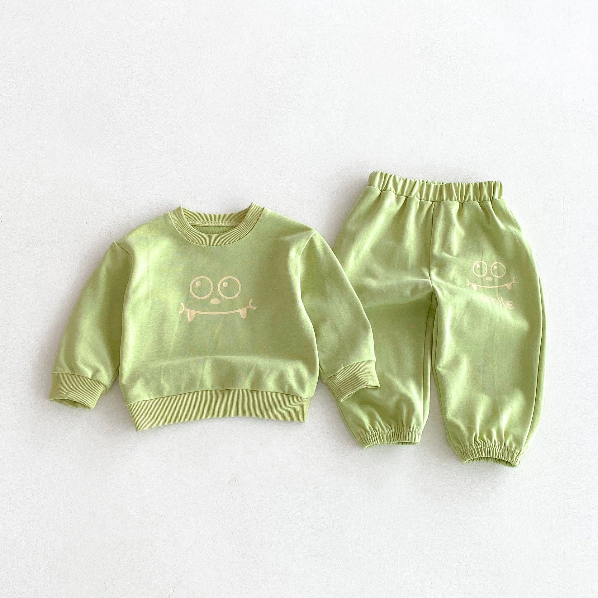長袖セットアップ Green / 80cm スマイルフェイスプリント長袖スウェットシャツ+ロングスウェットパンツセットアップ 2点セット【mh0010676】