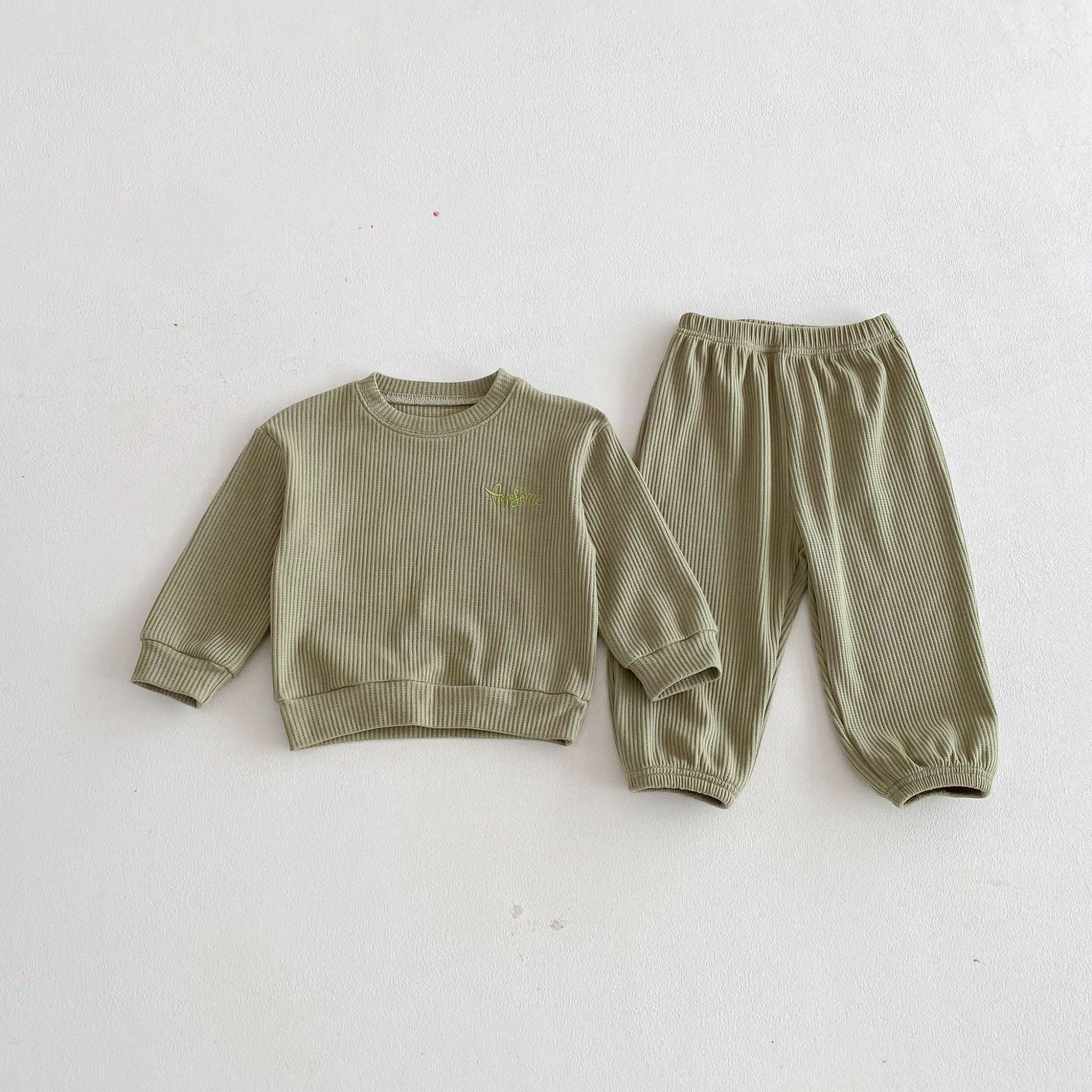 長袖セットアップ Green / 80cm Letter Embroidery Waffle Set ワッフル 刺繍 セットアップ【mh0011966】
