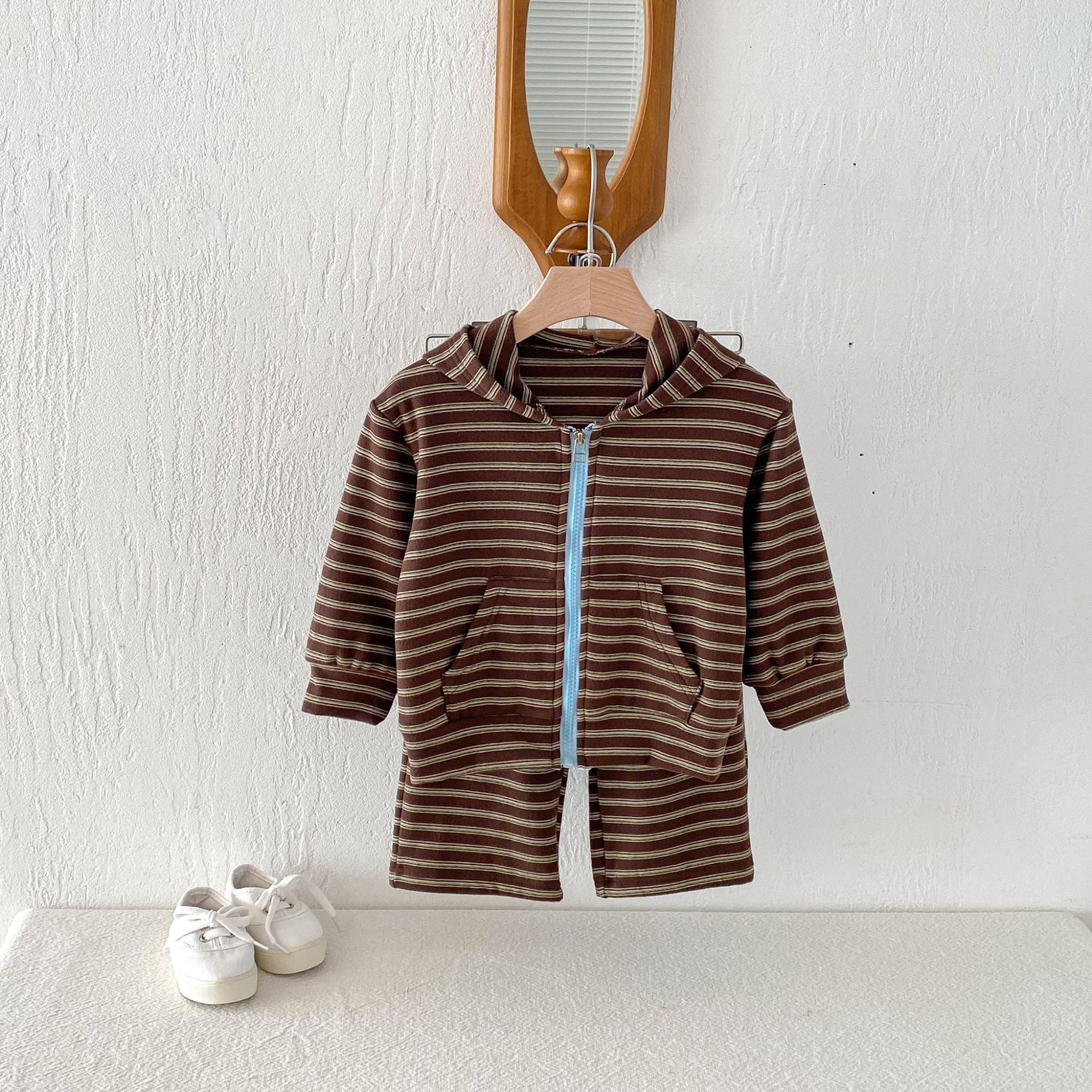 長袖セットアップ Hooded Zipper Striped Sweatshirt Set ジップアップ ストライプ セットアップ【mh0011968】