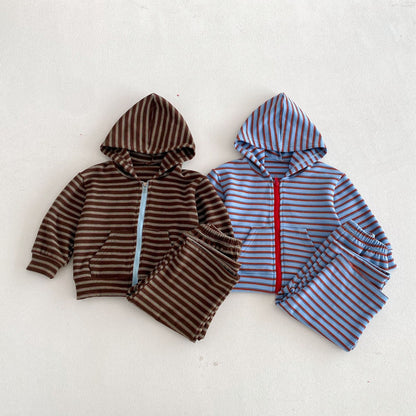 長袖セットアップ Hooded Zipper Striped Sweatshirt Set ジップアップ ストライプ セットアップ【mh0011968】