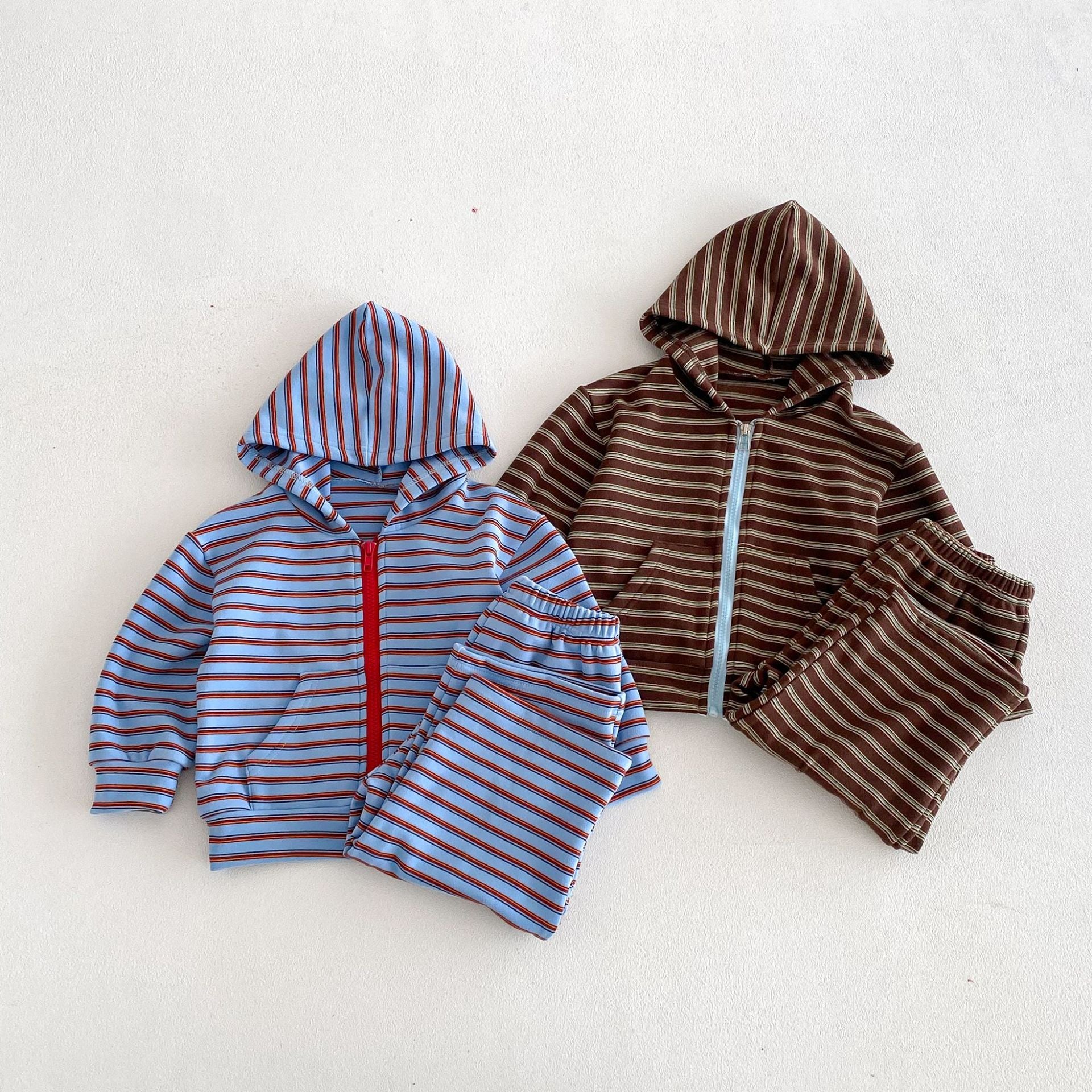 長袖セットアップ Hooded Zipper Striped Sweatshirt Set ジップアップ ストライプ セットアップ【mh0011968】