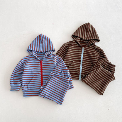 長袖セットアップ Hooded Zipper Striped Sweatshirt Set ジップアップ ストライプ セットアップ【mh0011968】