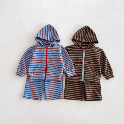 長袖セットアップ Hooded Zipper Striped Sweatshirt Set ジップアップ ストライプ セットアップ【mh0011968】