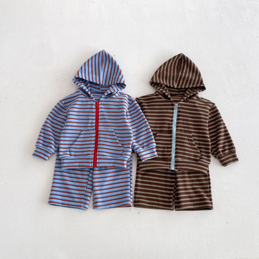 長袖セットアップ Hooded Zipper Striped Sweatshirt Set ジップアップ ストライプ セットアップ【mh0011968】