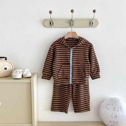 長袖セットアップ Hooded Zipper Striped Sweatshirt Set ジップアップ ストライプ セットアップ【mh0011968】