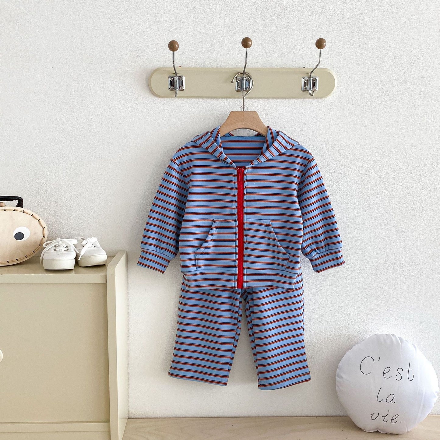 長袖セットアップ Hooded Zipper Striped Sweatshirt Set ジップアップ ストライプ セットアップ【mh0011968】