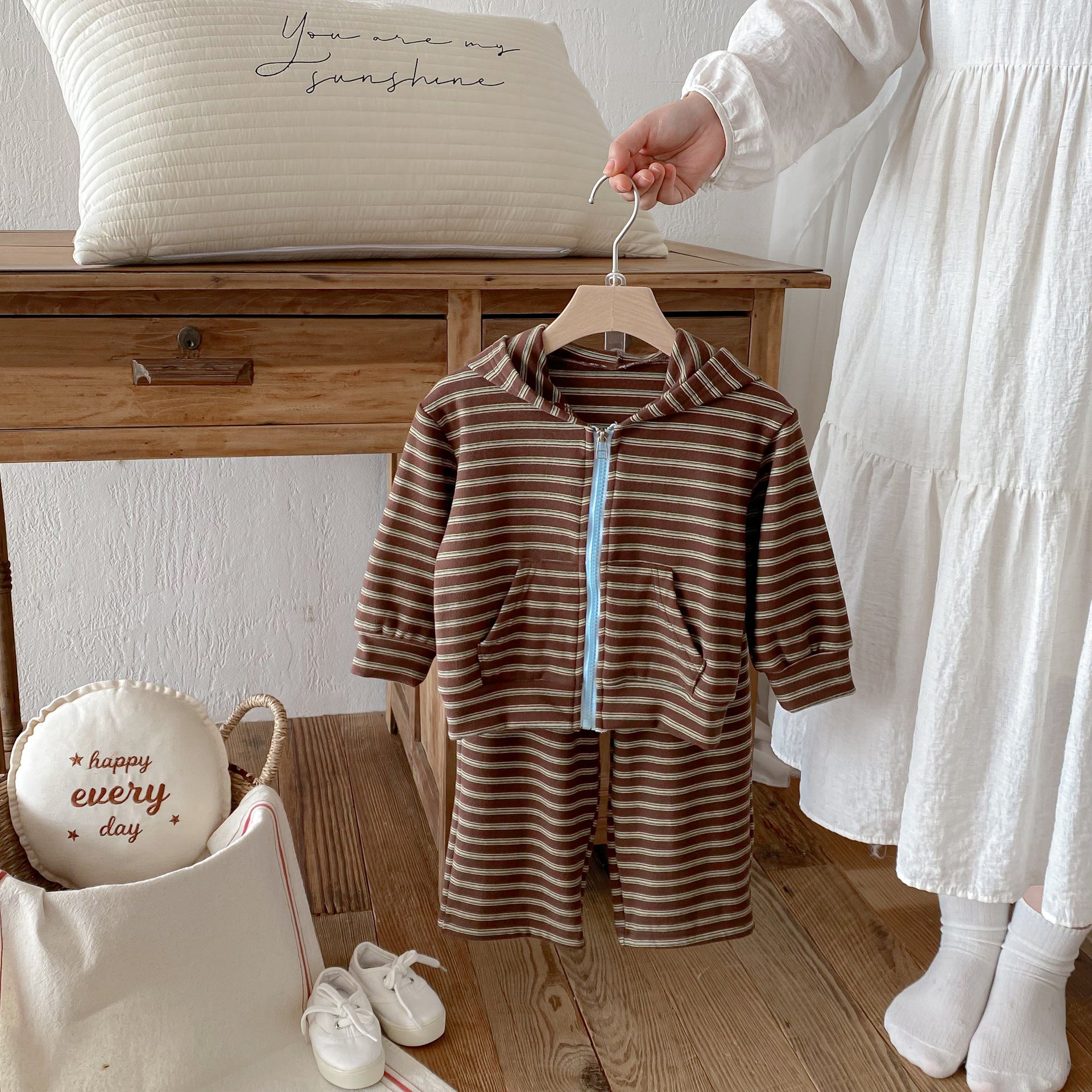 長袖セットアップ Hooded Zipper Striped Sweatshirt Set ジップアップ ストライプ セットアップ【mh0011968】