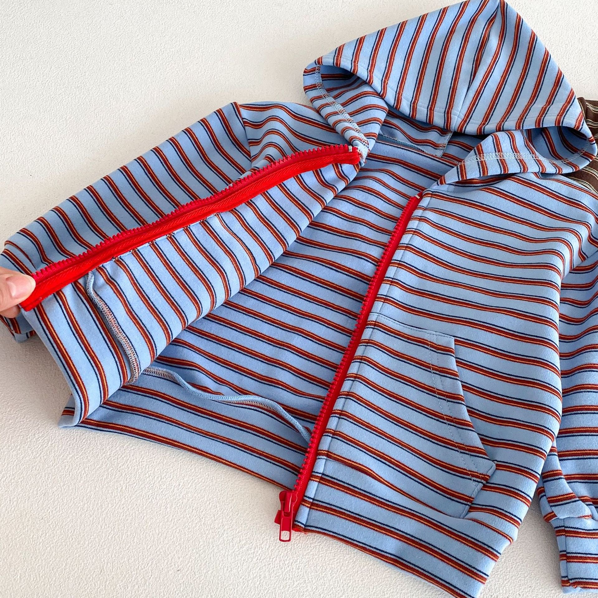 長袖セットアップ Hooded Zipper Striped Sweatshirt Set ジップアップ ストライプ セットアップ【mh0011968】