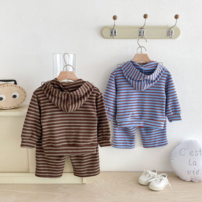 長袖セットアップ Hooded Zipper Striped Sweatshirt Set ジップアップ ストライプ セットアップ【mh0011968】