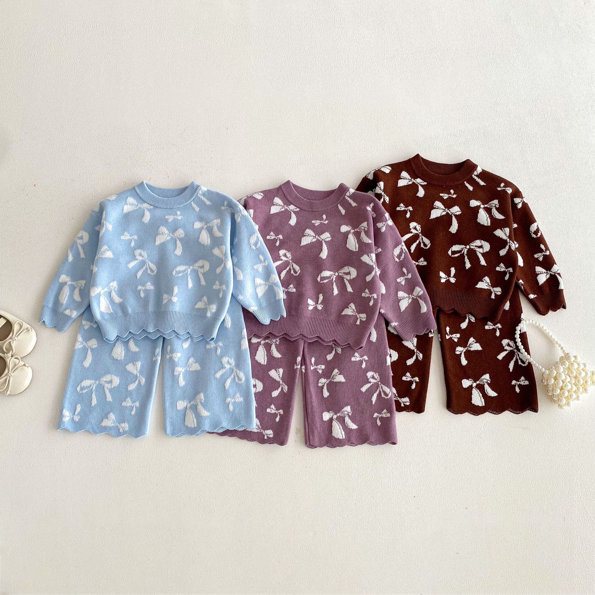 長袖セットアップ Jacquard Bow Knitted Set ジャガード リボン ニット セットアップ【mh0012098】