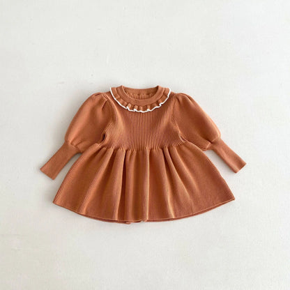 長袖ワンピース Khaki / 12M  80CM キッズワンピース ニット 長袖パフスリーブワンピース 4カラー【mh0006628】