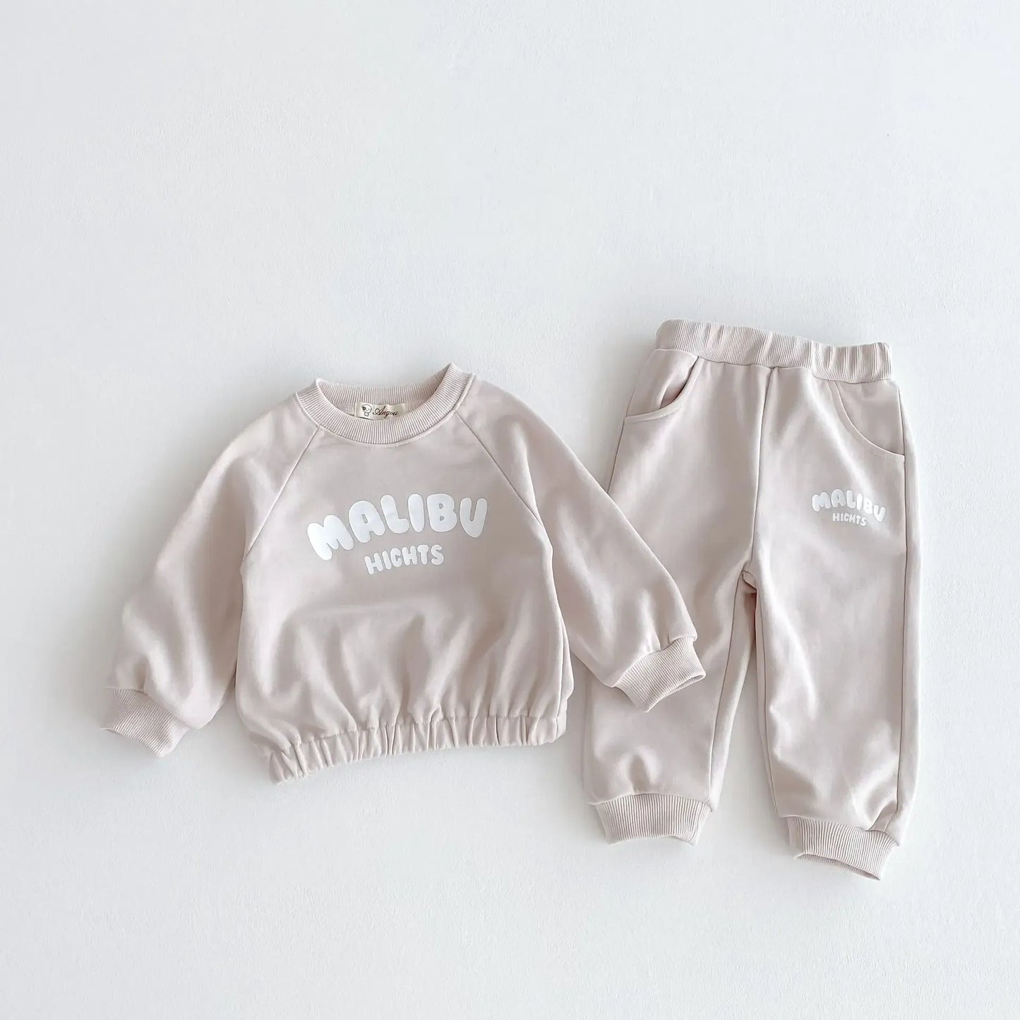 長袖セットアップ Khaki / 80cm 12M キッズセットアップ 2点セット MALIBUレターロゴプリント長袖スウェットシャツ+ロングスウェットパンツ【mh0008807】