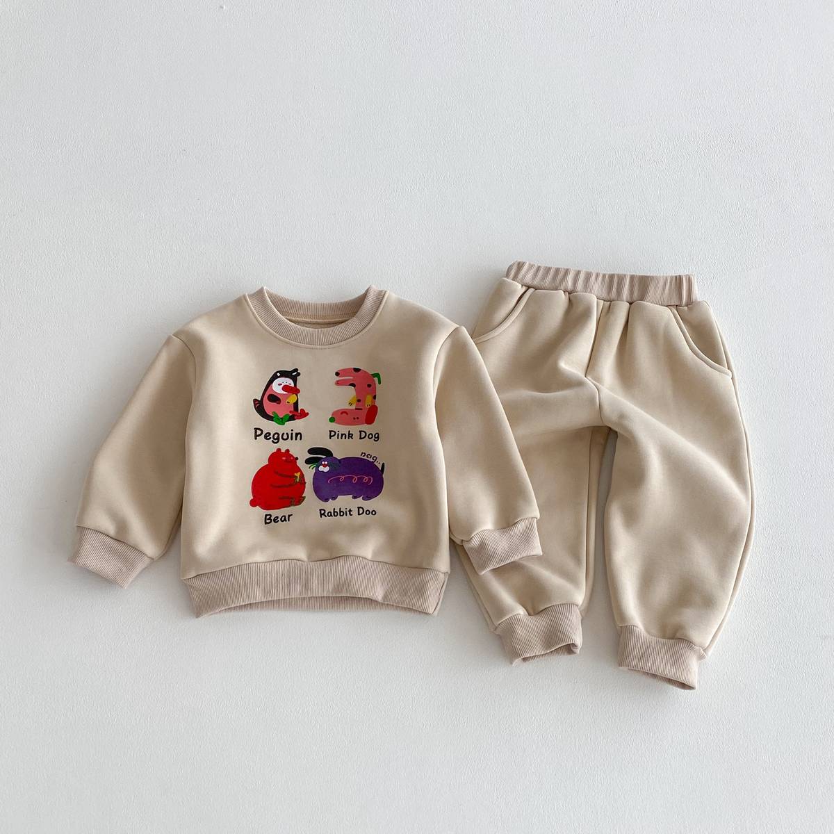 長袖セットアップ Khaki / 80cm 長袖トレーナー スウェットパンツ セットアップ 2点セット 裏起毛 アニマルプリント カジュアル【mh0011375】