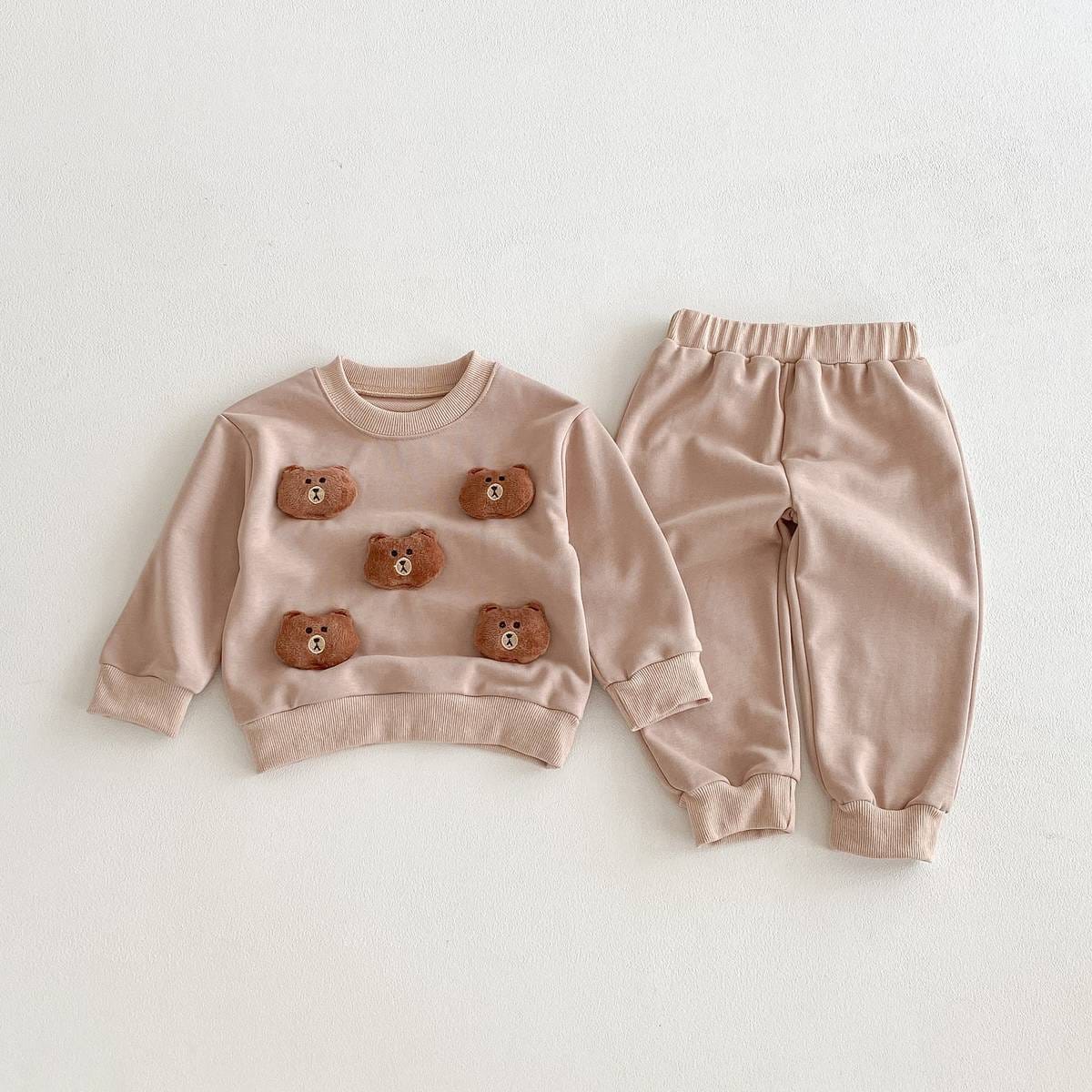 長袖セットアップ Khaki / 80cm 長袖トレーナー+スウェットパンツ セットアップ 2点セット アニマル立体モチーフ くまうさぎ【mh0011385】