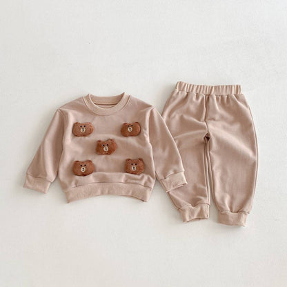 長袖セットアップ Khaki / 80cm 長袖トレーナー+スウェットパンツ セットアップ 2点セット アニマル立体モチーフ くまうさぎ【mh0011385】