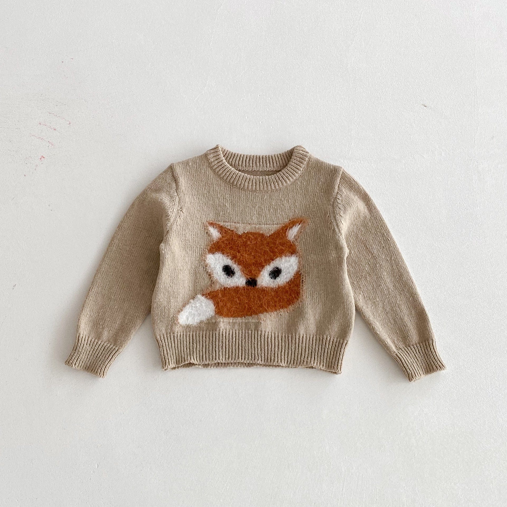 ニット・セーター Khaki / 80cm きつね刺繍長袖ニットセーター【mh0010666】